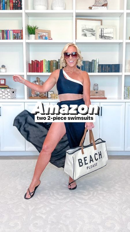 Amazon 2-piece swimsuits:
1. Blue one shoulder w/ tie detail - size medium. Comes in other colors. Currently has a $5 off coupon.
2. Black & white one shoulder w/ cut out detail - size medium. Comes in other colors.
• both wrap coverups are one size.
• sandals are both tts  


#LTKfindsunder50 #LTKVideo #LTKswim