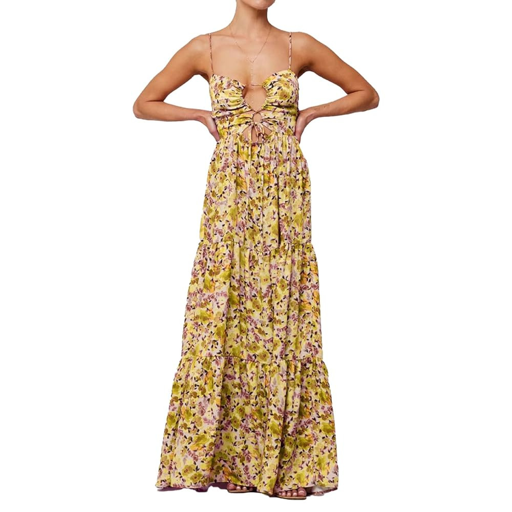 Women Floral Maxi Dress Tie Front Cut Out Backless Boho Spaghetti Strap Summer Beach Sundress | Amazon (US)
