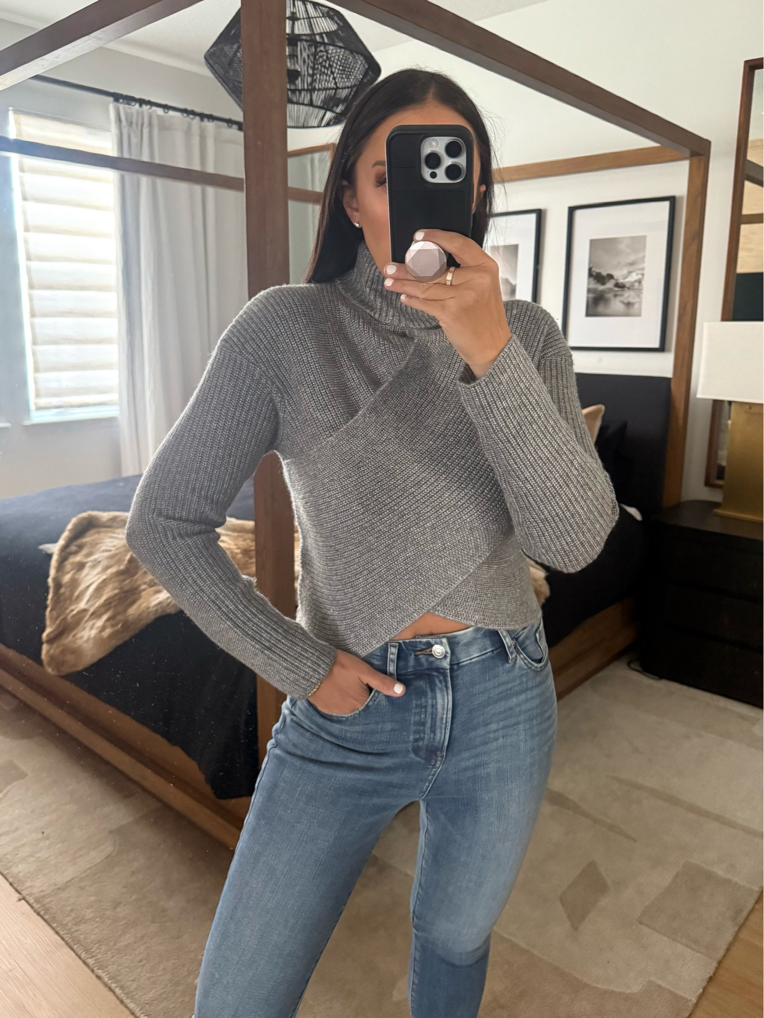 Wrap Front Cropped Turtleneck Sweater wearing size medium now $20 originally $78. Mid Rise Dark Wash Ripped Hem Skinny - wearing size 4. High Waisted Light Wash FlexX Ripped Skinny Jeans wearing size small. 