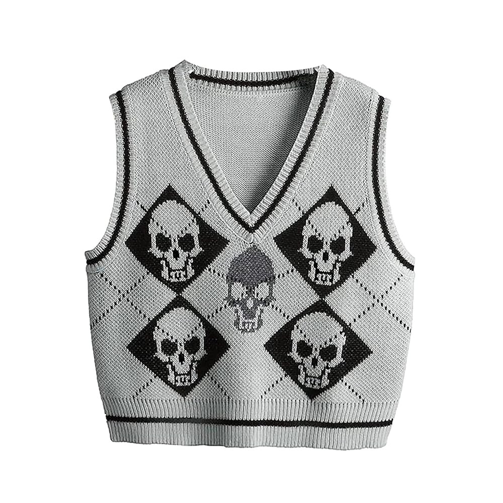Women's Sleeveless Sweater Vest Halloween Skull Printed Knit Vest V Neck Crop Pullover Knitwear T... | Amazon (US)