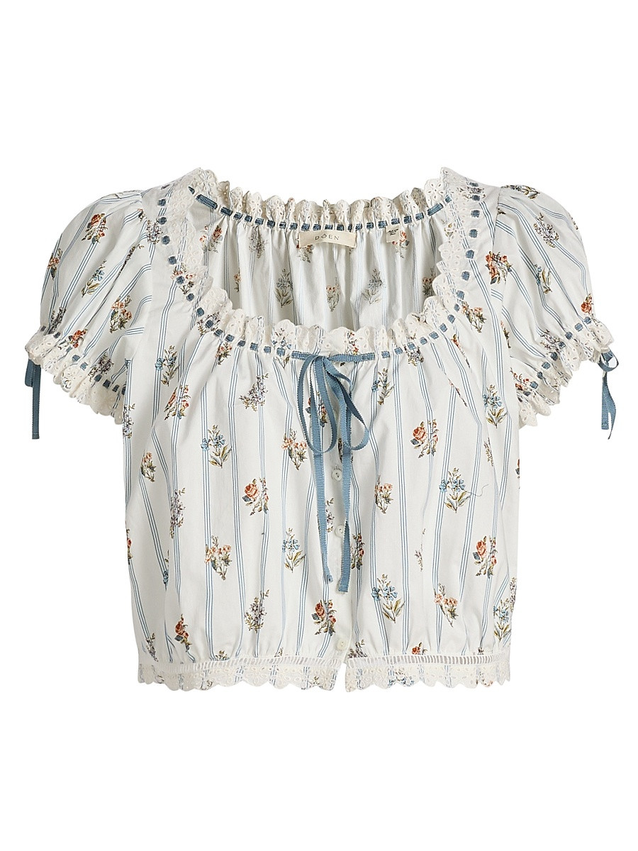Women's Nera Floral Cotton Crop Top - Creme Fleurs De Bordeaux - Size XXS | Saks Fifth Avenue