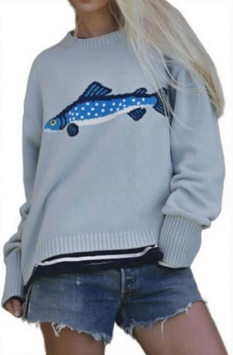 CHARTOU Women Fashion Crew Neck Rib Knit Crucian Carp Graphic Oversized Y2k Pullover Sweater Jump... | Amazon (US)
