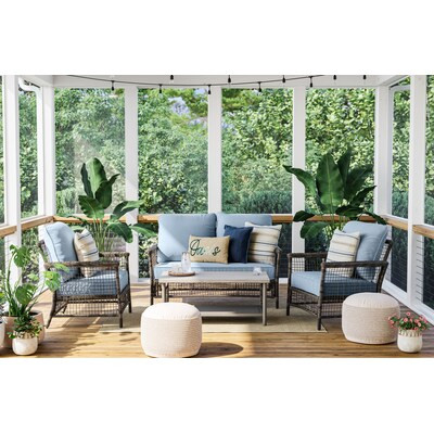 allen + roth Ivy Meadows 4-Piece Wicker Patio Conversation Set with Light Blue Cushions | Lowe's