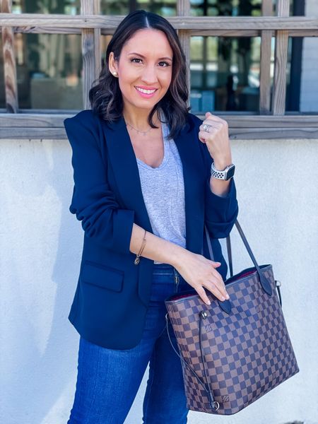 Hi! Here’s a business casual outfit for you. This blazer comes in 2 other colors. It runs tts. 
I paired it with my soft grey t-shirt, jeans, and brown handbag. 
#ltkpetite 
Workwear 
Business casual outfit 

#LTKover40 #LTKfindsunder50 #LTKfindsunder100