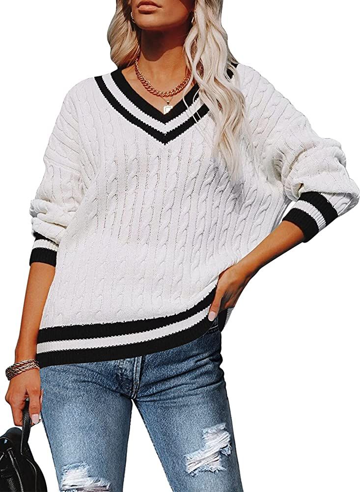 MIHOLL Women's V Neck Sweater Long Sleeve Oversized Cable Knit Pullover Jumper Tops | Amazon (US)
