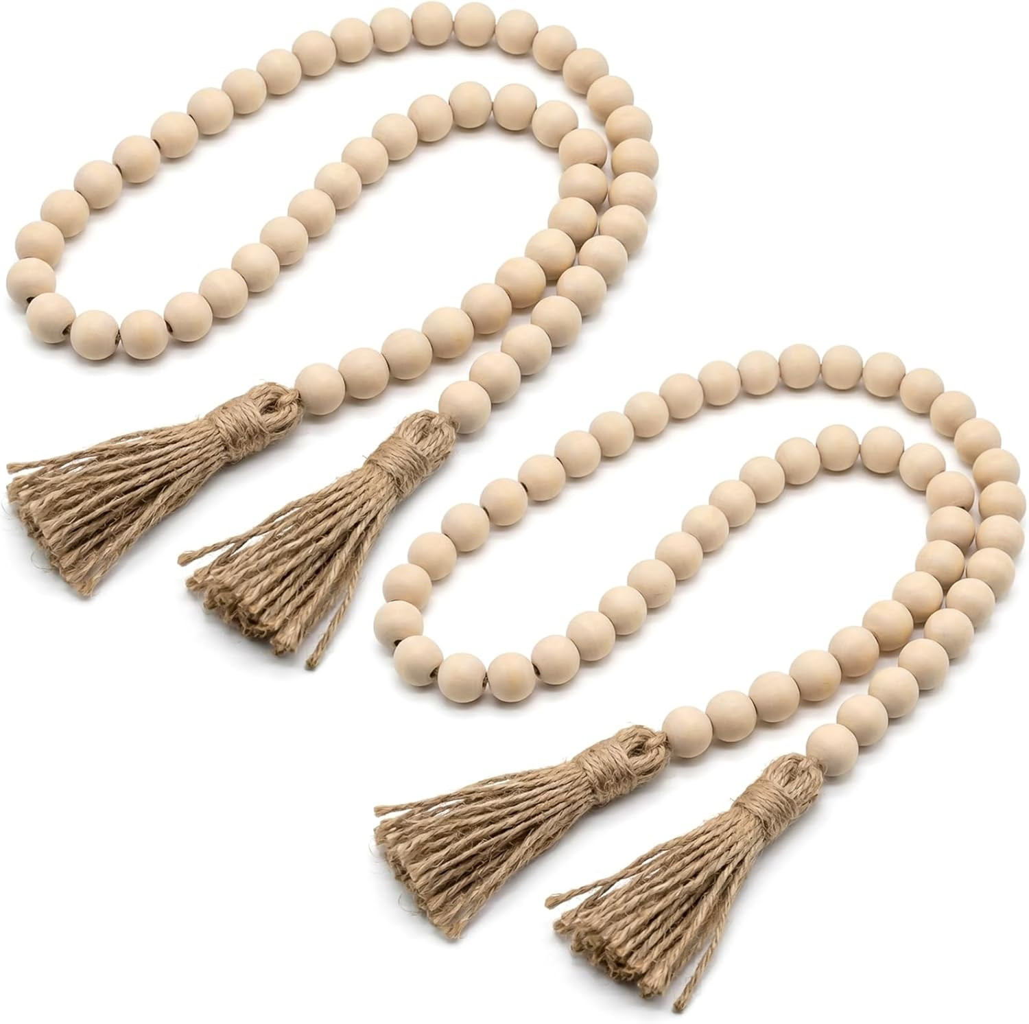 RAINFLOW Wood Bead Garland with Tassels - 2PCS Farmhouse Rustic Country Decorative Beads Home Decor, Natural Color, 50inch 14mm 84 Round,Boho,Farmhouse Beads Wall Hanging Decor | Amazon (US)