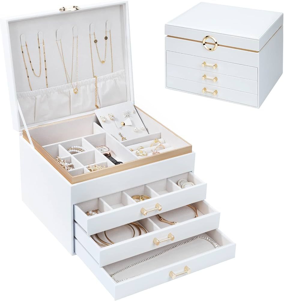 V-LAFUYLIFE Jewelry Box for Women,4-Layer Leather Jewelry Organizer with 3 Drawers Large Jewelry ... | Amazon (US)