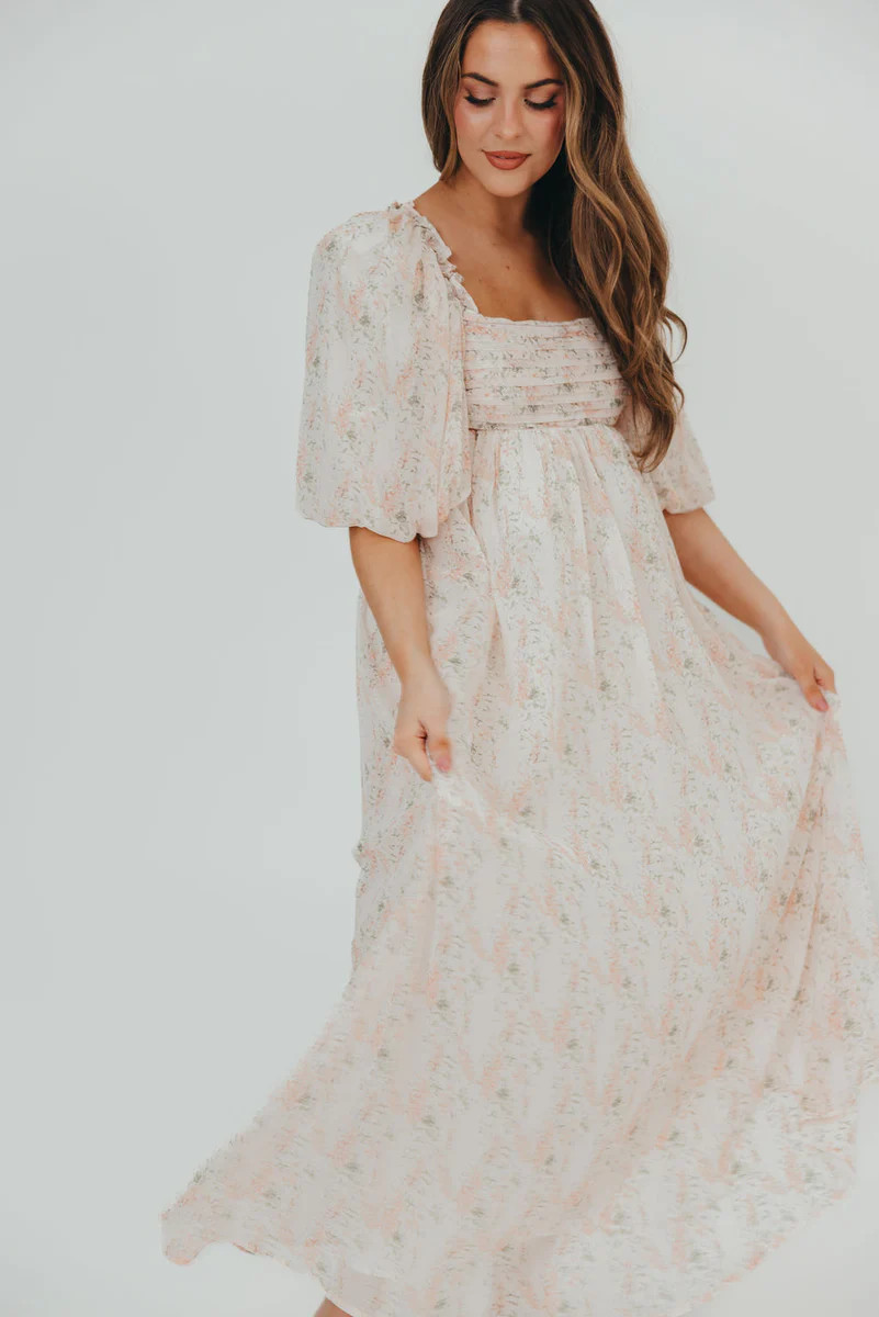 Melody Maxi Dress with Pleats and Bow Detail in Blush Floral - Bump Fr | Worth Collective
