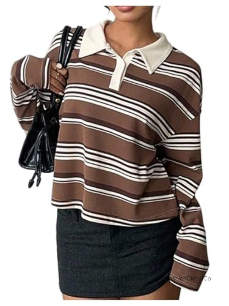 Striped Rugby Crop Top Long Sleeve Collared Button Up Y2k Preppy Tee Shirt | Poshmark