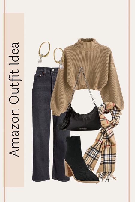 Amazon outfit ideas!! Brown tan sweater, black high waisted jeans, black handbag, plaid scarf, black sock boots, and gold hoop earrings!! Winter outfits! Casual outfit ideas! Amazon fashion finds! 

#LTKunder100 #LTKstyletip #LTKSeasonal