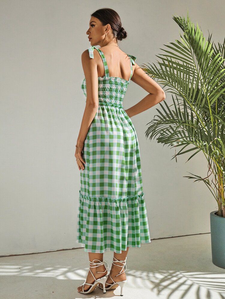 Gingham Print Knot Shoulder Ruffle Hem Slip Dress | SHEIN