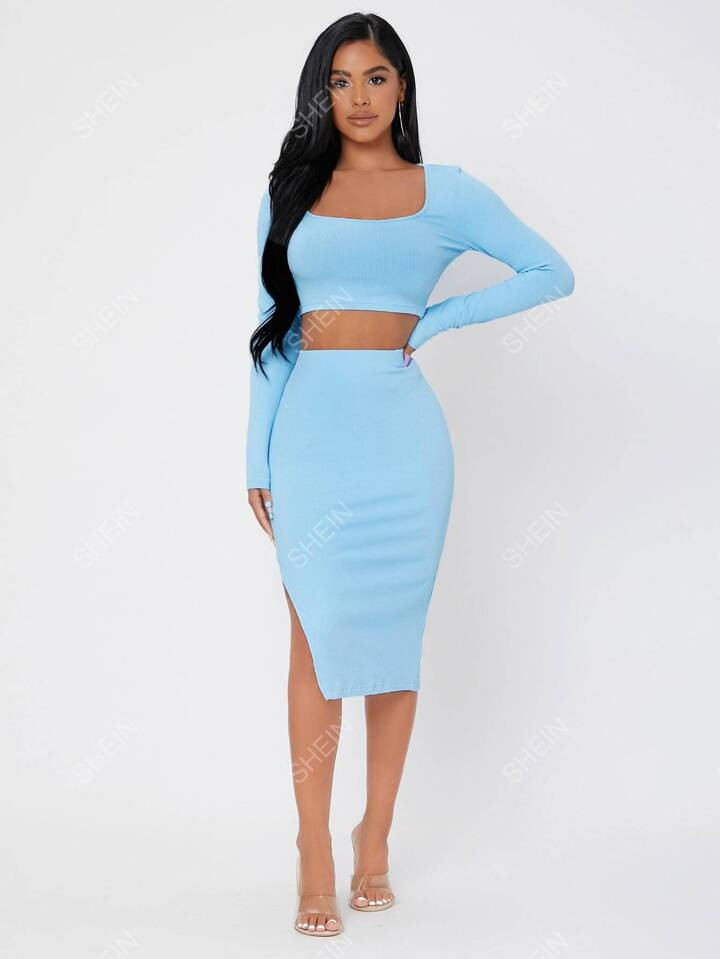 SHEIN PETITE Ribbed Knit Crop Top & High Waist Split Thigh Skirt | SHEIN