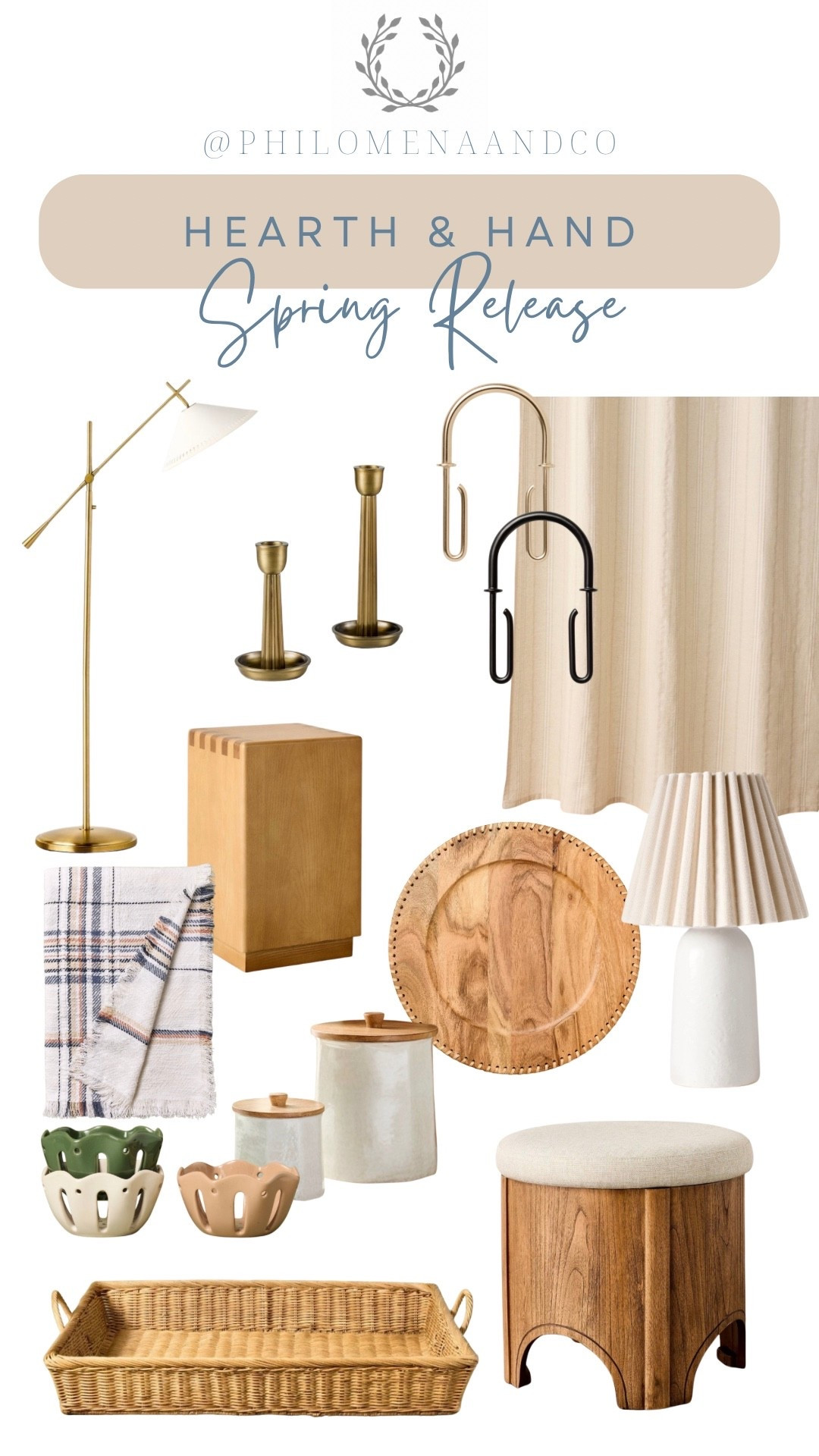 Hearth & Hand Spring Release 2026. Bathroom shower curtain, shower curtain rings, brass candle holders, accent table, plate charger, floor lamp, spring blanket, table lamp, small table lamp, kitchen canisters, fruit bowls, woven tray, basket tray, ottomann

#LTKFindsUnder100 #LTKHome #LTKFindsUnder50