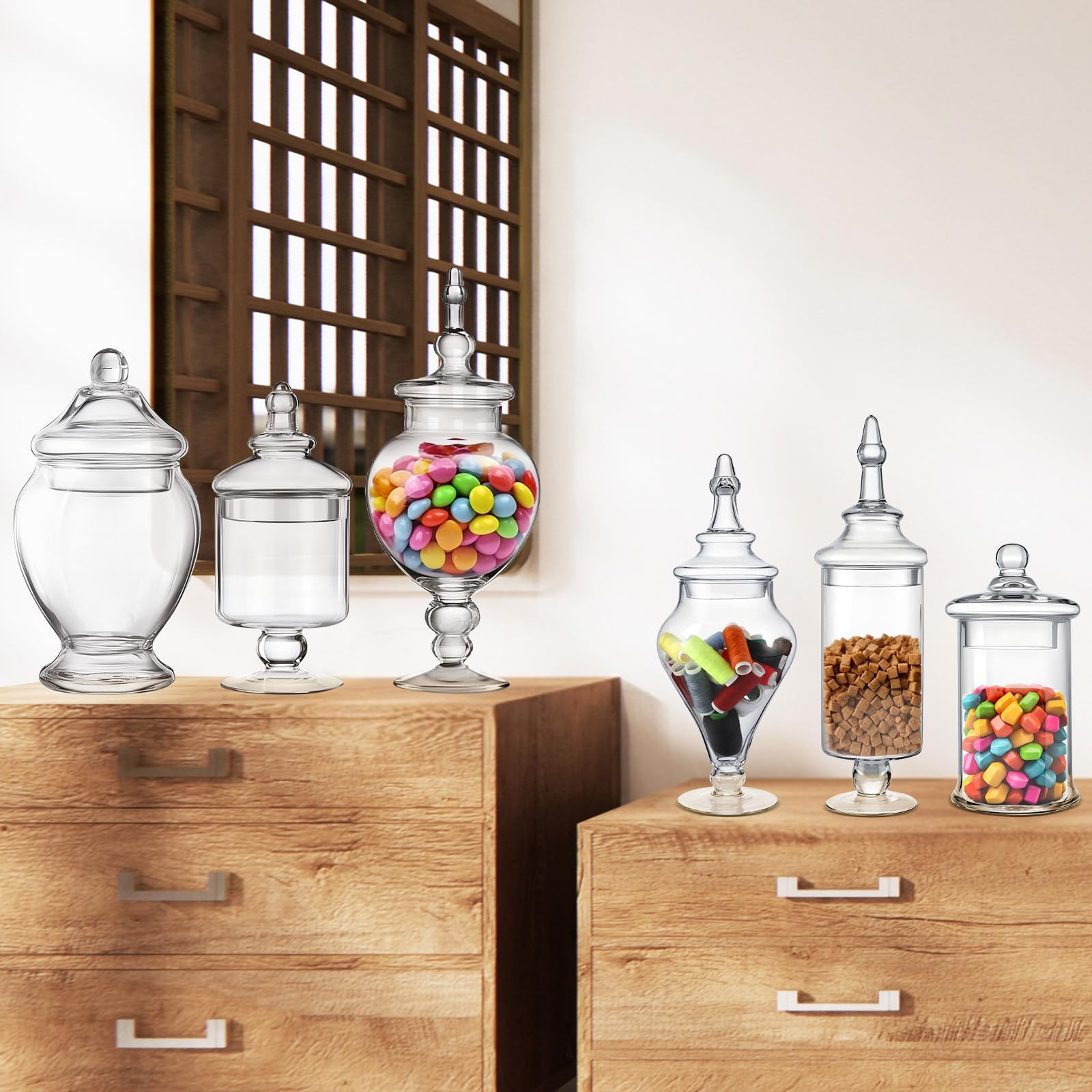 Mimorou 6 Sets Glass Apothecary Jars with Lids and Scoops 3 Styles Clear Candy Jars for Candy Buf... | Amazon (US)