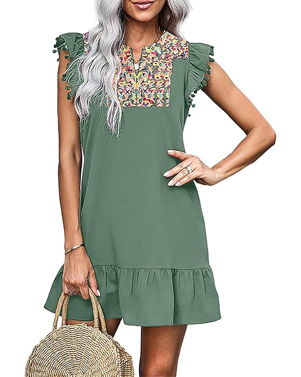 KIRUNDO Women's 2024 Summer Mini Dress Casual V Neck Floral Embroidered Ruffle Sleeveless Shift D... | Amazon (US)