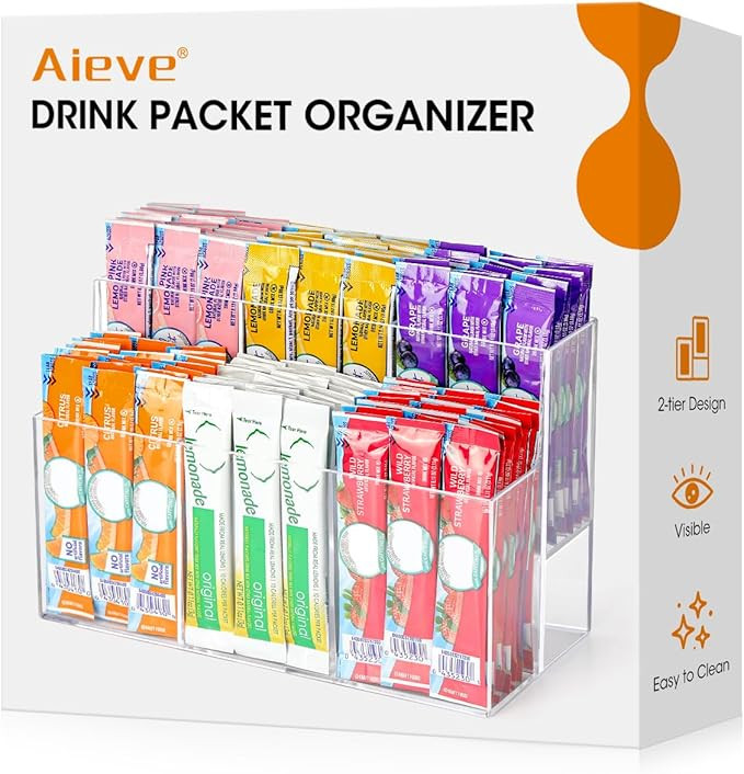 AIEVE Drink Packet Organizer, 2-Tier Water Flavor Packet Holder for Pantry Storage, Acrylic Drink... | Amazon (US)
