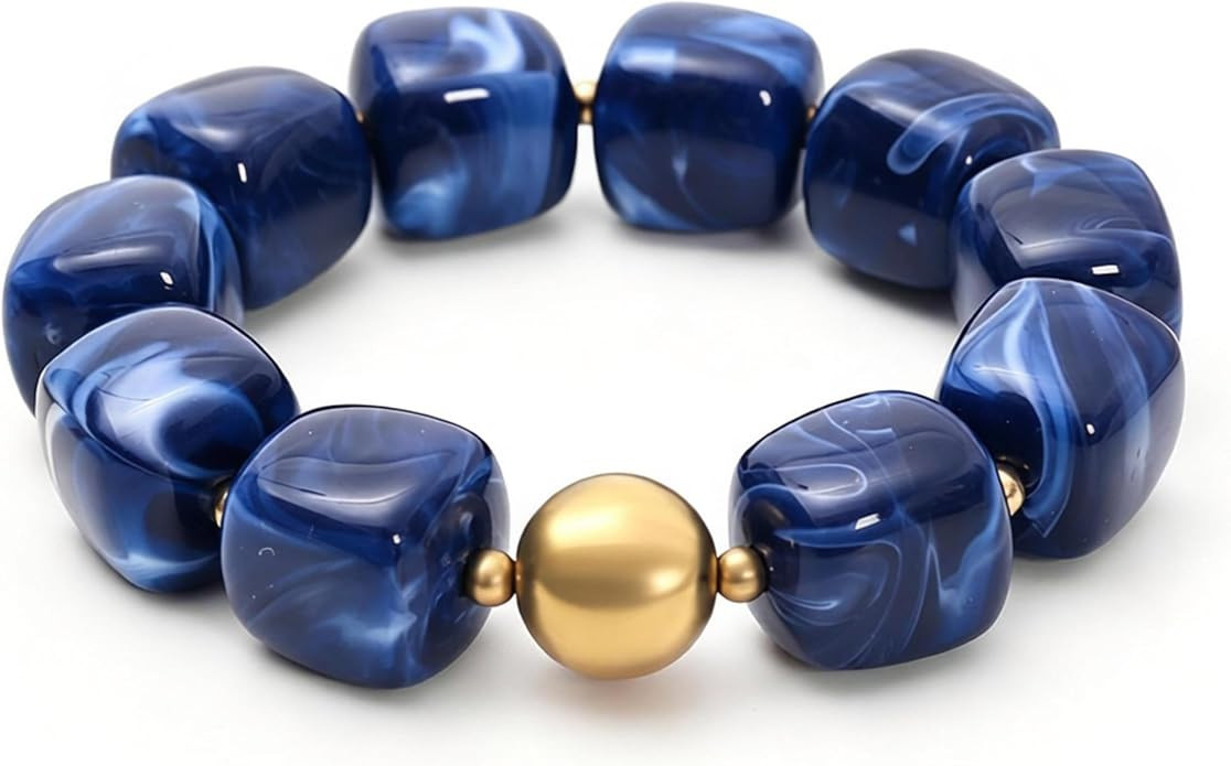 Beaded Bracelets for Women Chunky Cube Marble Pattern Acrylic Stretch Bracelet with Gold Bead Acc... | Amazon (US)