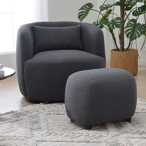 KINWELL 34" Boucle Swivel Barrel Chair with 23" Ottoman Set, Fully Assembled Set of Sherpa Accent Chair and Footrest, Modern Comfy Armchair and Footstool for Living Room and Bedroom, Dark Grey | Amazon (US)