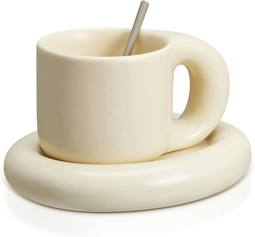 Chubby Funny Coffee Mug with Saucer and Spoon 9 Oz Vintage Frosted Handmade Ceramic Mug Novelty C... | Amazon (US)