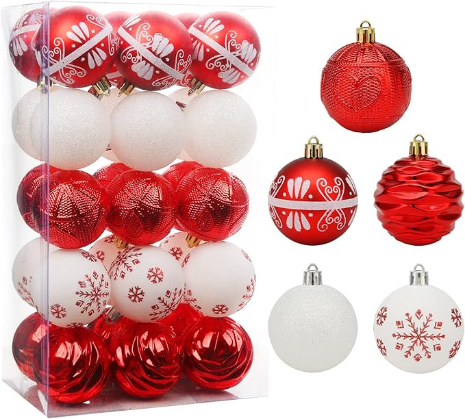 30ct Shatterproof Christmas Tree Ball Ornaments, 2.36" Red and White Baubles - Bulk Set for Holid... | Amazon (US)