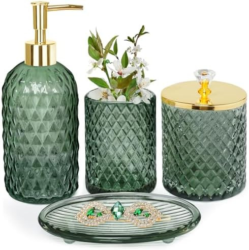 Bathroom Accessories Set, 4Pcs Sage Green Glass Bathroom Accessory Set Complete w/Lotion Soap Dis... | Amazon (US)
