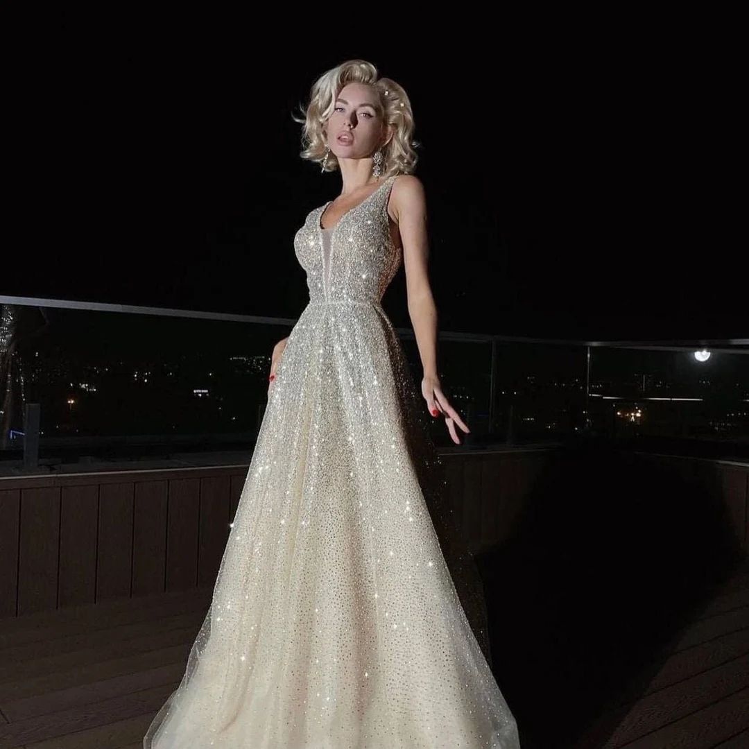 sparkly wedding dress, champagne wedding dress, A-line celestial wedding dress with plunge neckli... | Etsy (US)