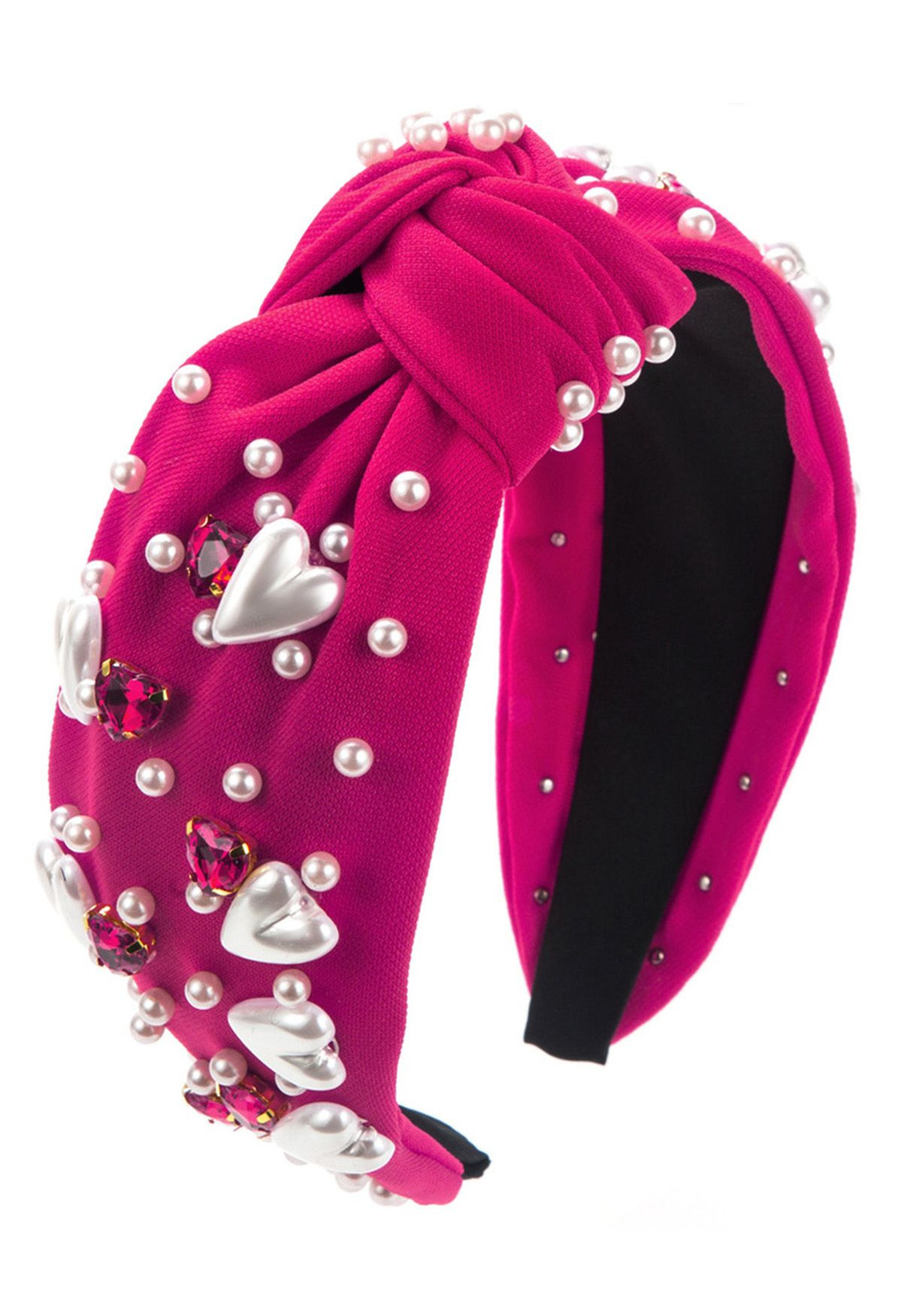 Heart Rhinestone Pearl Knotted Headband in Magenta | Chicwish