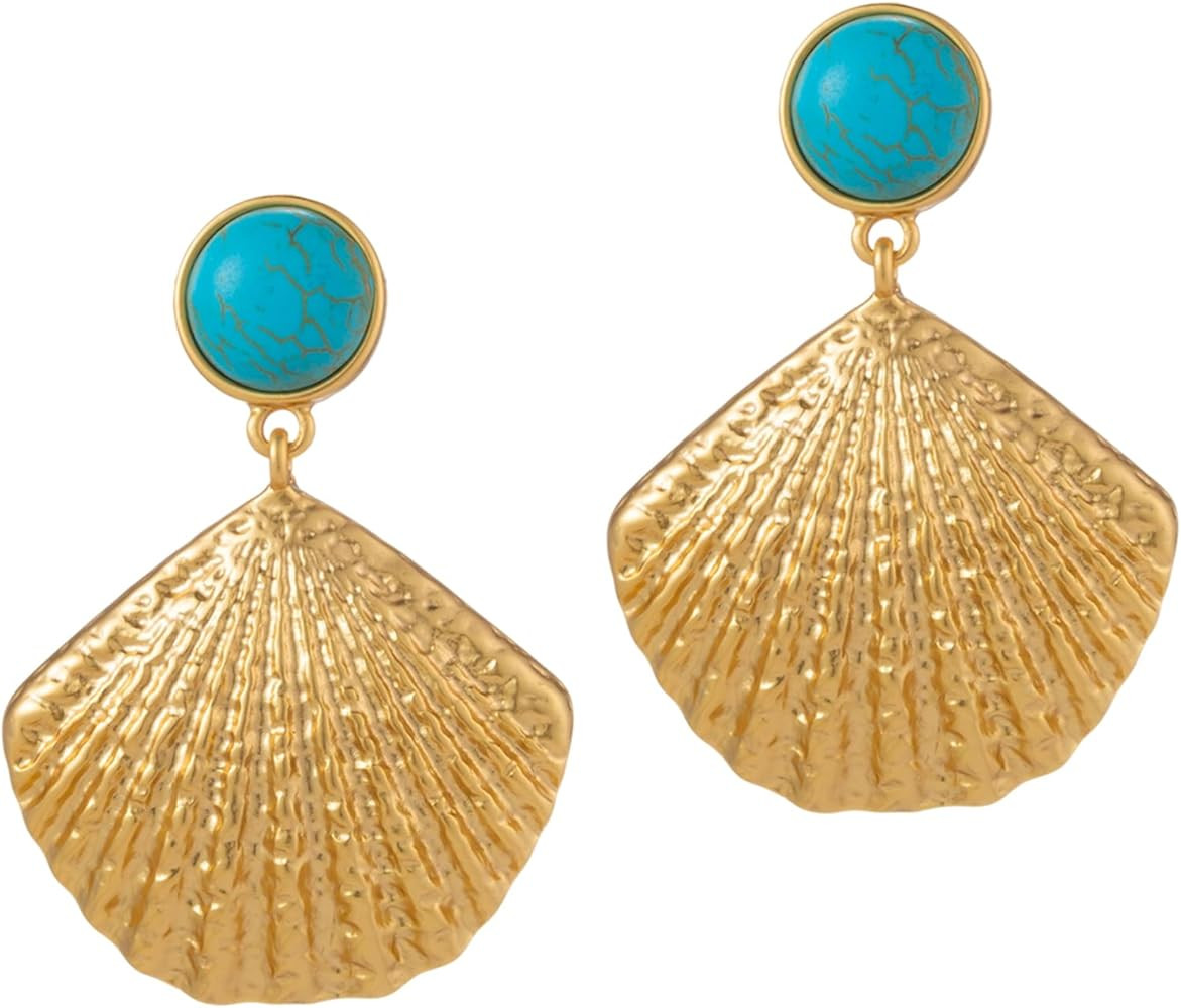 Gold Sea Shell Stud Earrings Turquoise Scallop Drop Dangle Beach Jewelry | Amazon (US)