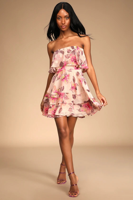 Perfect Paradise Pink Floral Print Jacquard Strapless Mini Dress | Lulus (US)