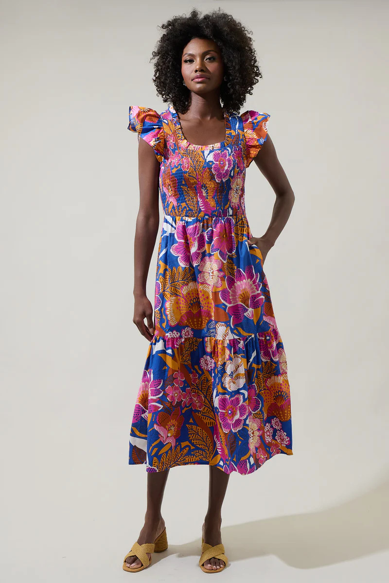 Eveline Floral Giza Glare Smock Tiered Midi Dress | Sugarlips