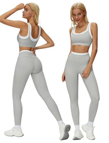 ABOCIW Workout Workout Sets Double Layered Sports Bra Matching Tummy Control High Wait Leggings 2 Piece Gym Sets Yoga Pilates Outfits Work Out Clothes Light Gray Large | Amazon (US)