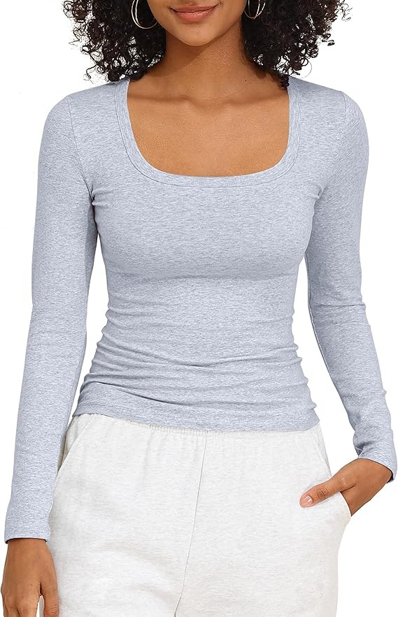 PrettyGuide Womens Long Sleeve Shirts Cotton Jersey Square Neck Going Out Tops Slim Fit Fall Casu... | Amazon (US)