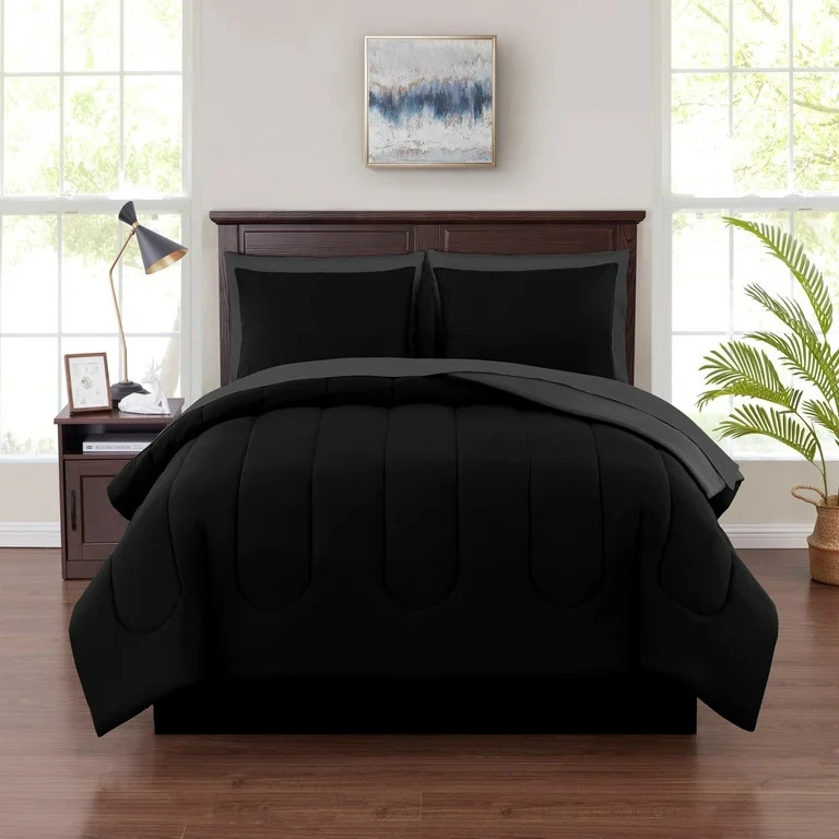 Mainstays Black 7 Piece Bed in a Bag Comforter Set with Sheets, Queen | Walmart (US)