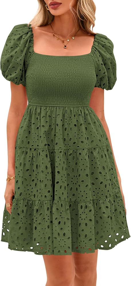 PRETTYGARDEN Womens Summer Puff Sleeve Mini Dress Off Shoulder Eyelet Smocked A Line Casual Babyd... | Amazon (US)