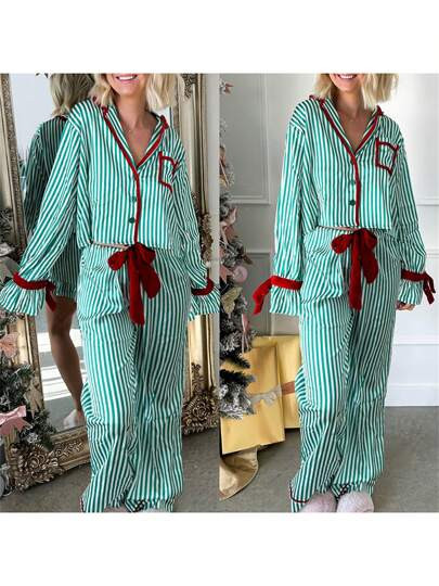 Womens Striped Pajama Set Long Sleeve Button-Up Crop Tops Bow Long Pants 2 Piece Sleepwear Outfit | SHEIN