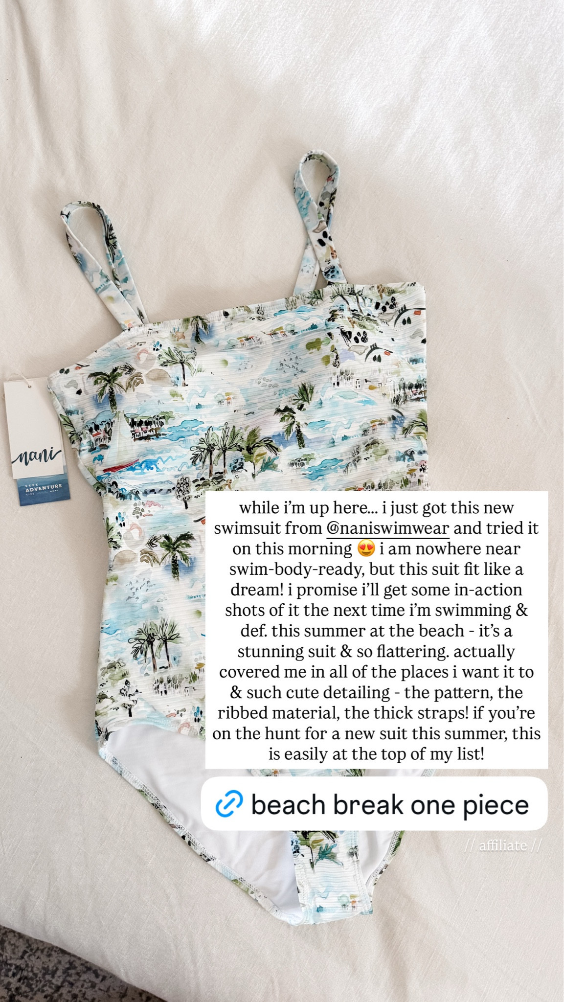 i just got this new swimsuit from Nani swimwear and tried it on this morning - i am nowhere near swim-body-ready, but this suit fit like a dream! i promise i'll get some in-action shots of it the next time i'm swimming & def. this summer at the beach - it's a stunning suit & so flattering. actually covered me in all of the places i want it to & such cute detailing - the pattern, the ribbed material, the thick straps! if you're on the hunt for a new suit this summer, this is easily at the top of my list!

#LTKSwim #LTKOver40 #LTKmomlife