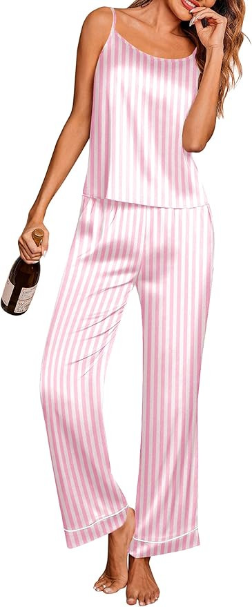 Ekouaer Women Silk Satin Pajamas Sleeveless Pjs Set 2 Piece Summer Loungewear Sleepwear with Pock... | Amazon (US)