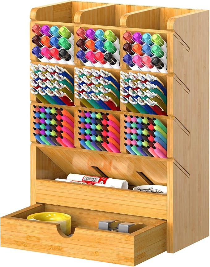 Bamboo Pen Organizer for Desk Pencil Wooden Multi-Functional Stationary Holder with 14 Compartmen... | Amazon (US)