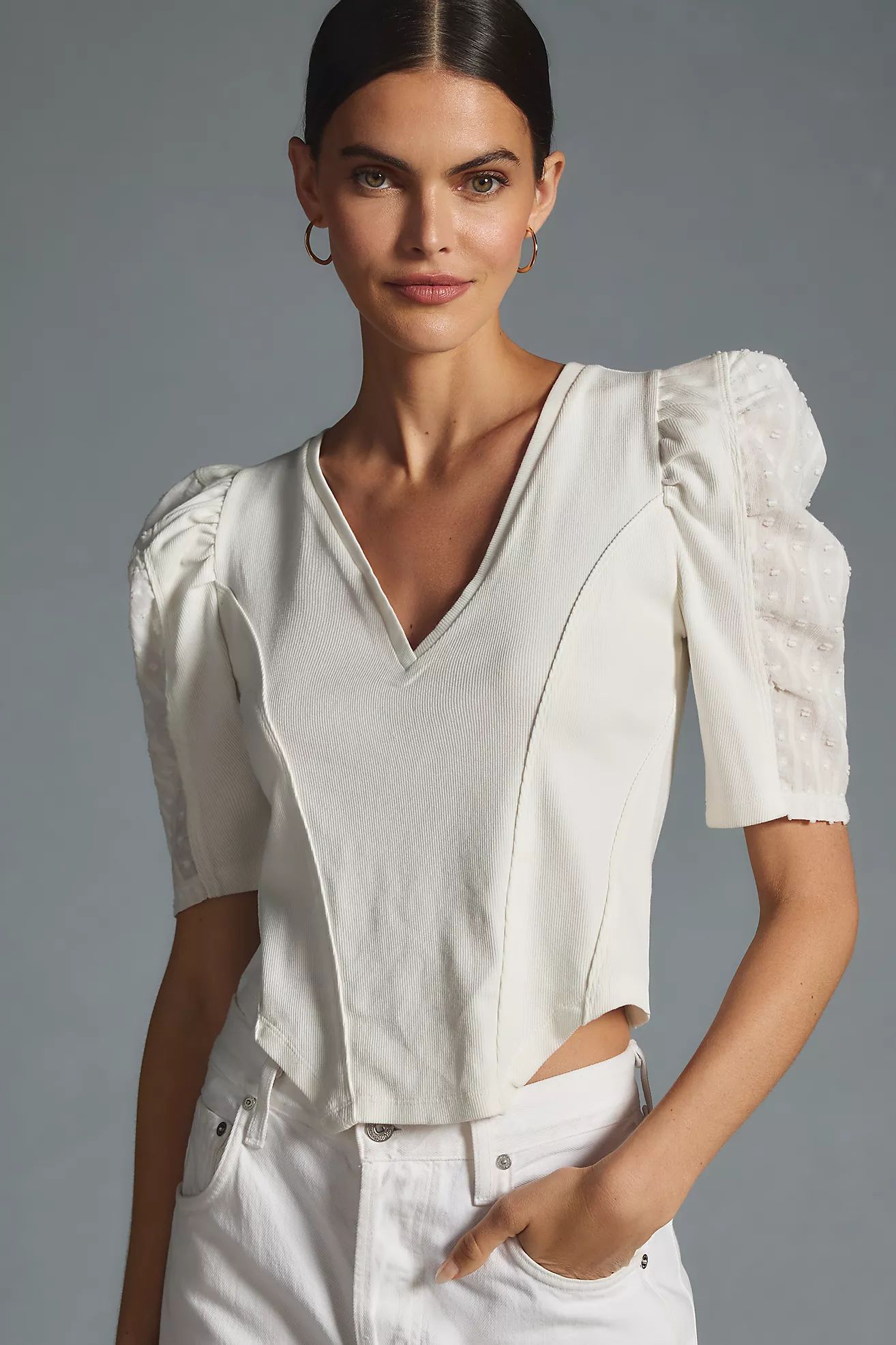 By Anthropologie Puff-Sleeve Structured V-Neck Tee | Anthropologie (US)