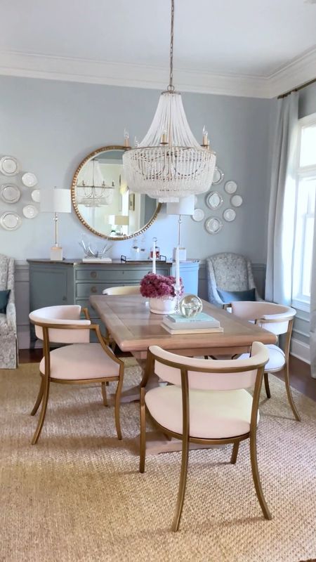 Porch Daydreamer dining room favorites from Ballard Designs on SALE. Gold dining room chairs that work with any style. The sisal rug is the perfect neutral and the 48 inch gold round mirror reflects a ton of light in the dark room  

#LTKSale #LTKsalealert #LTKhome