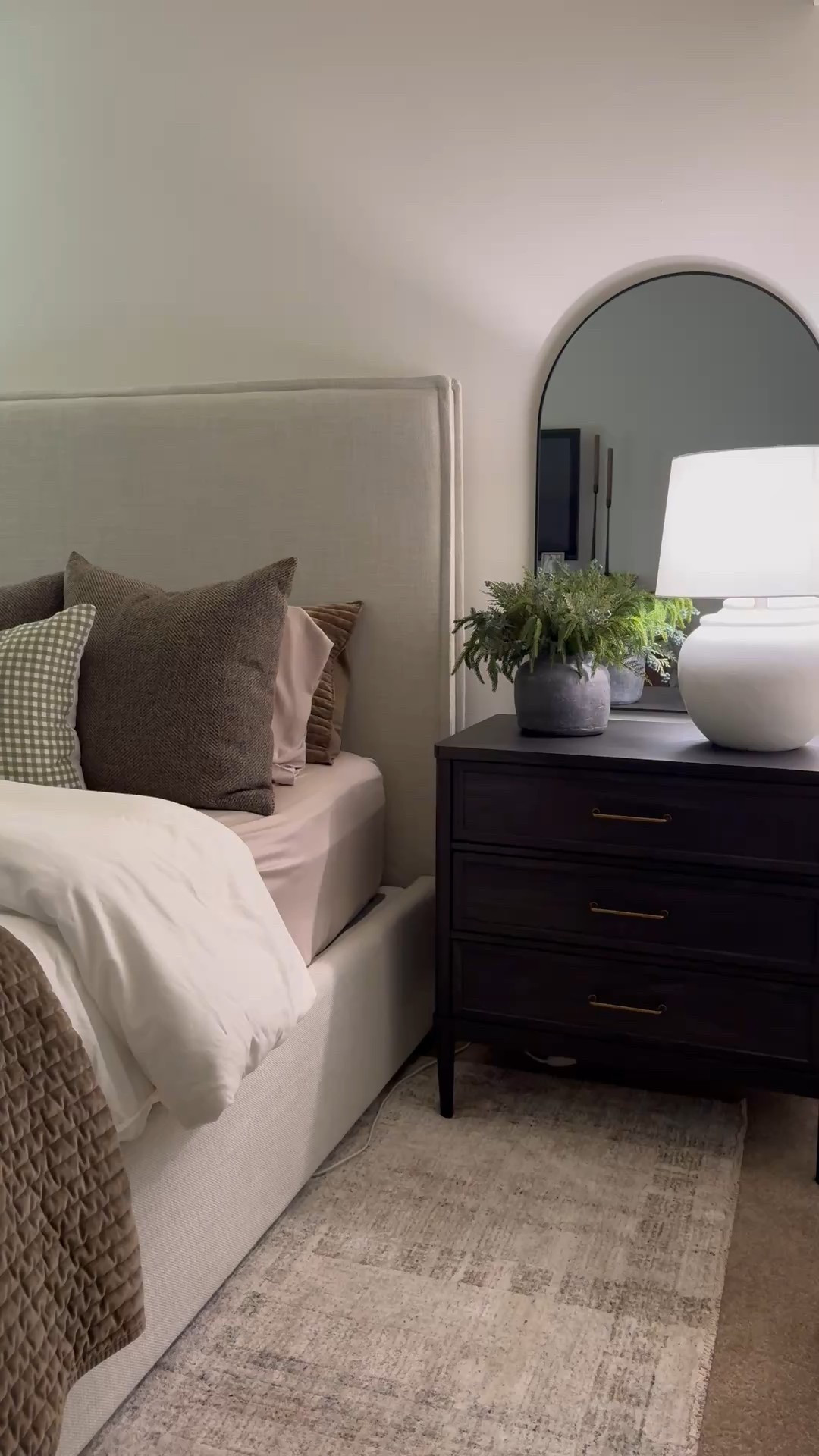 Christmas bedroom, winter decor, knit throw blanket, neutral throw blanket, brown velvet quilt, brown quilt, bamboo sheets, upholstered bed, sawyer bed, Loloi rug, plaid rug, brown curtains, two pages oak dim gray, black nightstands, gingham pillow covers 


#LTKHoliday #LTKHome #LTKSaleAlert