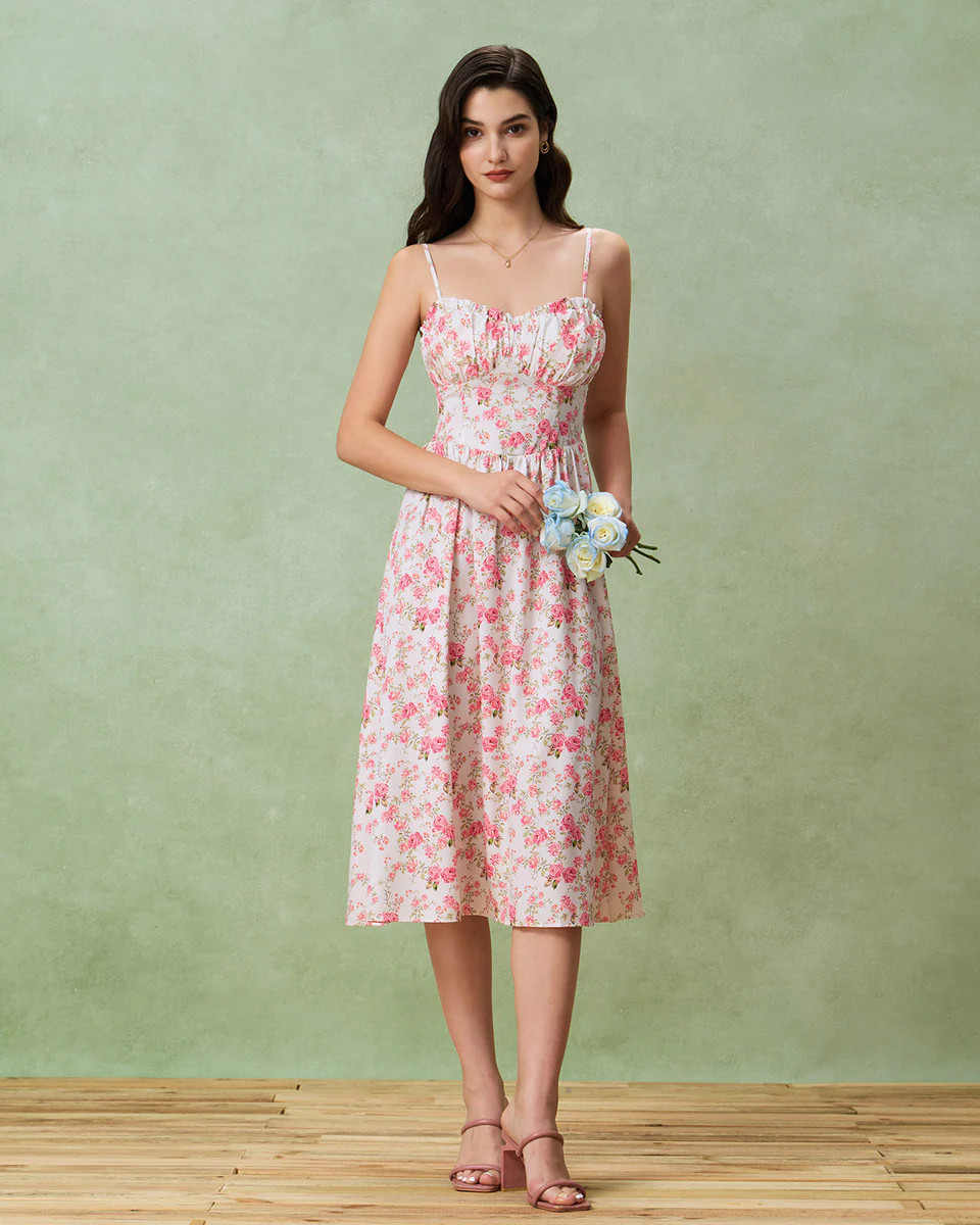 Pink Floral Sweetheart Neck Shirred Slip Midi Dress | rihoas.com