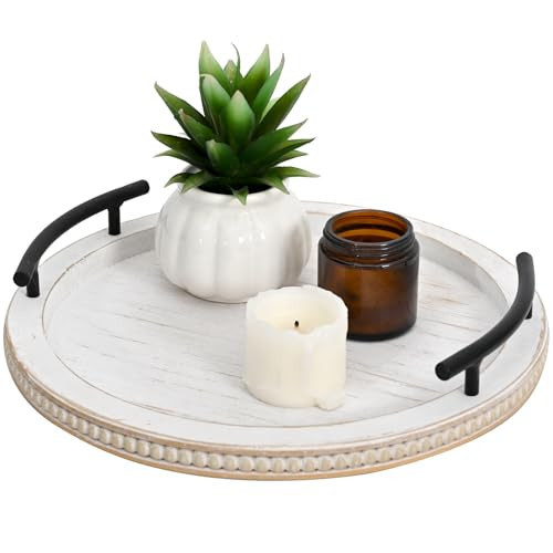 SwallowLiving White Wooden Beaded Serving Tray with Handle Decorative Rustic Whitewashed Tray for Coffee Table Farmhouse Round Tray for Kitchen, Living Room and Bedroom | Amazon (US)