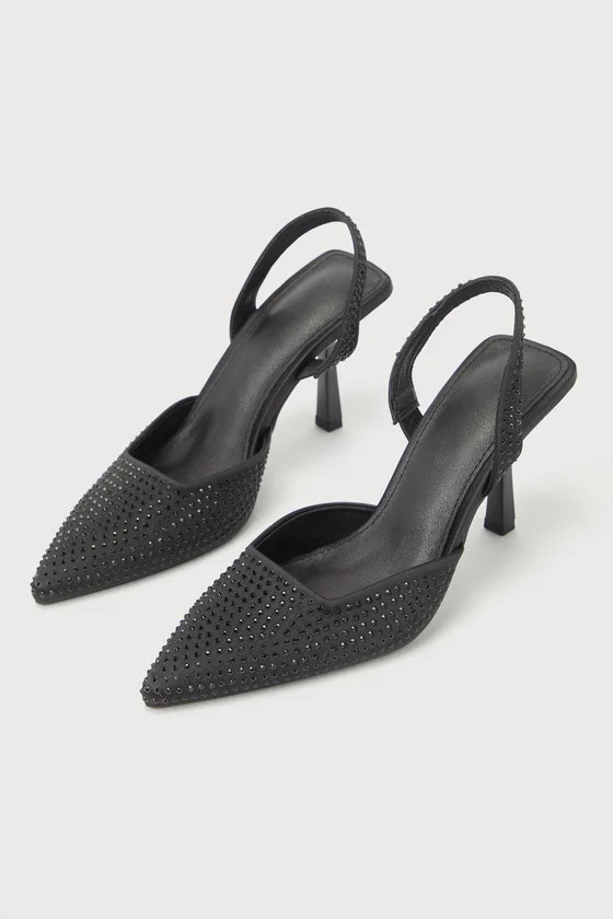 Aldiva Black Satin Rhinestone Slingback Pumps | Lulus (US)