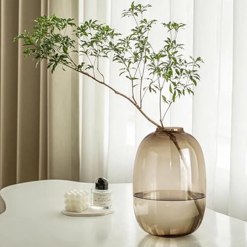 GeLive Brown Glass Vase Round Clear Colored Flower Vase for Centerpiece Long Stem Branch Fresh Artificial Plant Bottle Modern Home Indoor Decoration (Brown) | Amazon (US)