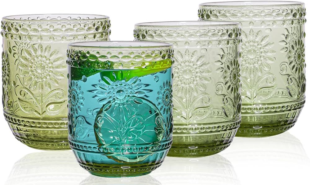 Galssmagic Vintage Green Glassware Set of 4,Floral Embossed Glasses Drinking,12 oz Colorful Glass... | Amazon (CA)