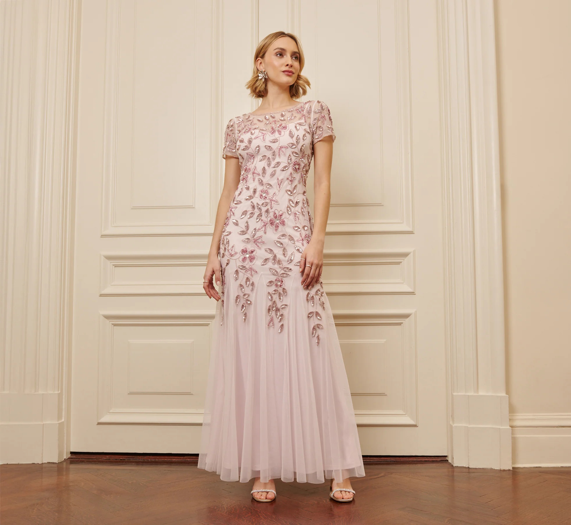 Hand Beaded Short Sleeve Floral Godet Gown In Blush Pink | Adrianna Papell