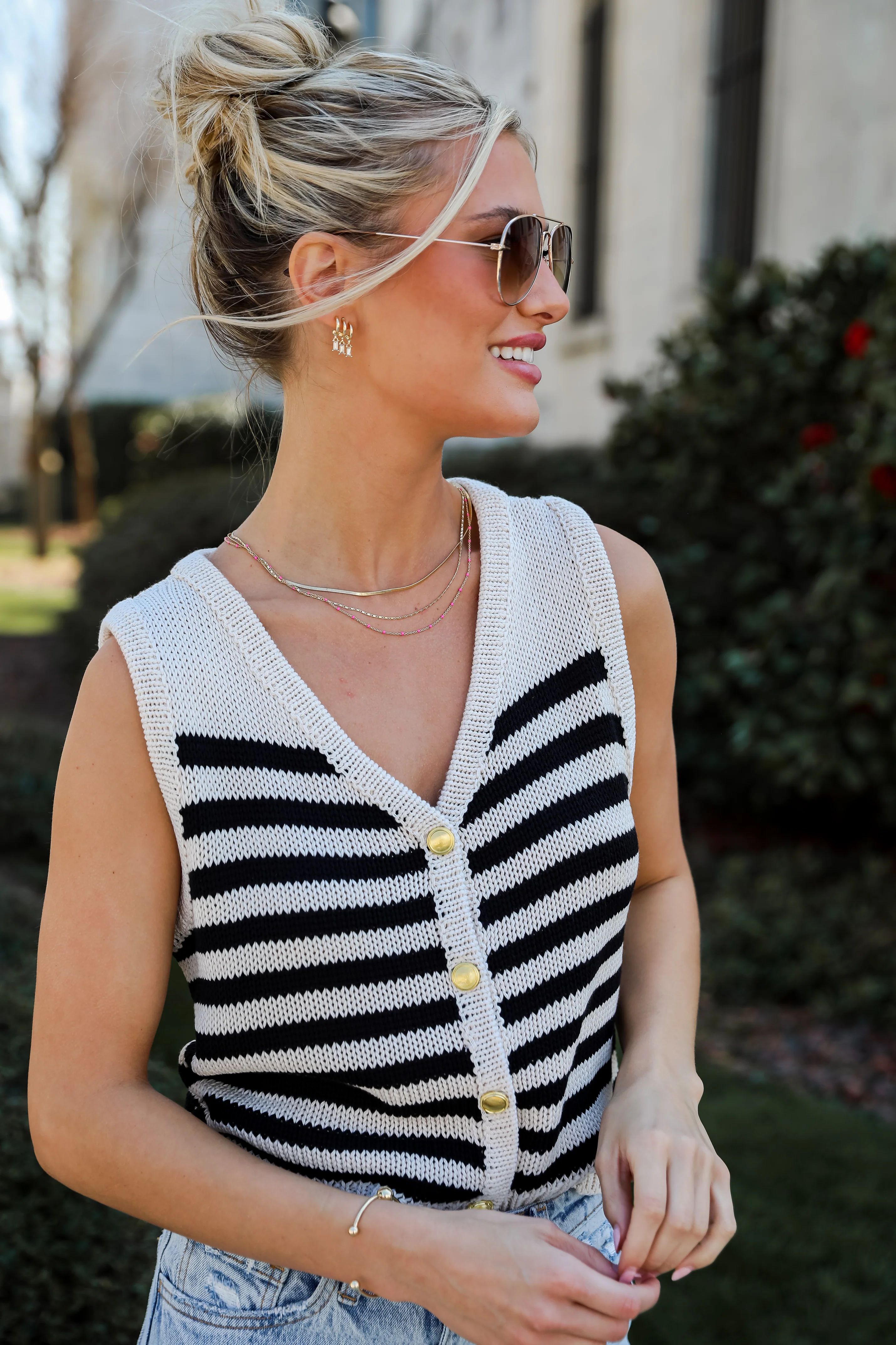 Relaxed Essence Taupe Striped Knit Vest | Dress Up