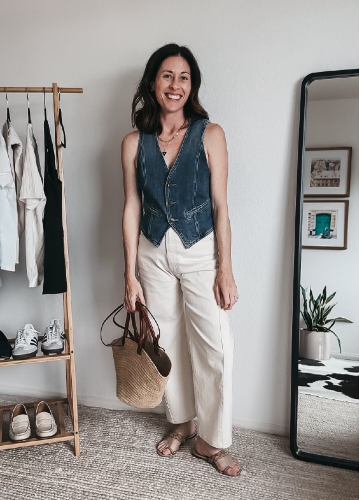 Denim Vest - Clare V 
Half pipe ankle Jean - Mother Denim (fits TTS) 
Braided strap Sandal - Jenni Kayne (true size)
Straw tote Bag - Sezane 


#LTKfindsunder100 #LTKitbag #LTKstyletip