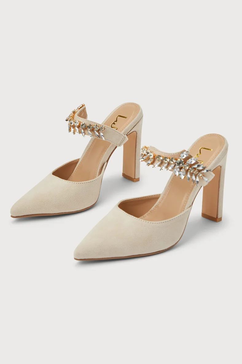 Floresa Light Nude Suede Rhinestone Pointed-Toe Mule Pumps | Lulus (US)